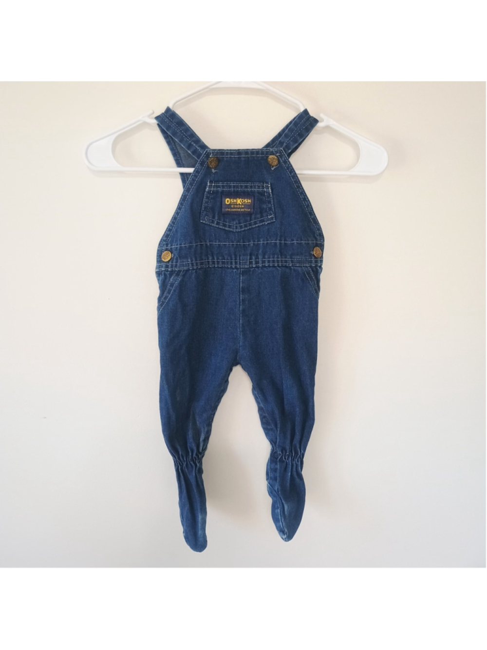 Vintage Oshkosh Blue Jean Denim Footed Bib Overalls Baby 6/9 Mos